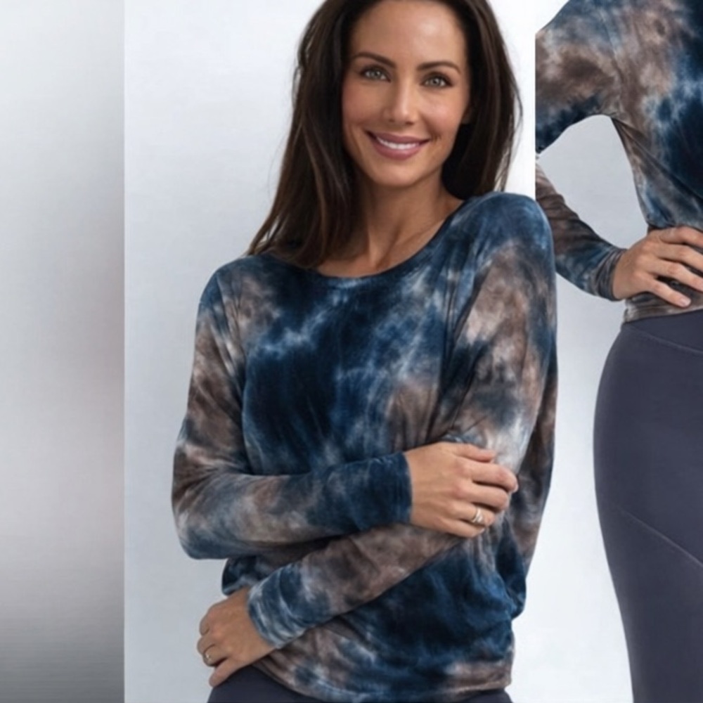 Savvi Athleisure Long Sleeve Tie Dye Open Back Tshirt Tee Brown Blue Pickleball - Picture 4 of 9